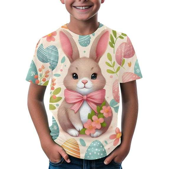 KAUOD Kids Easter Bunny T Shirt Eggs Floral Printed Tees Crewneck Soft Short Sleeve Casual Easter Tops Boys Girls Tees