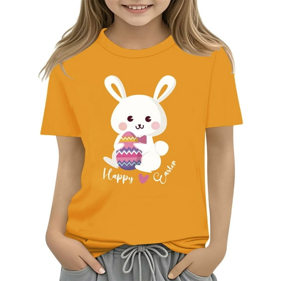 KAUOD Kids Easter Days T Shirt Bunny Holding Eggs Printed Tees Short Sleeve Cotton Shirts for Girls Crewneck Tops