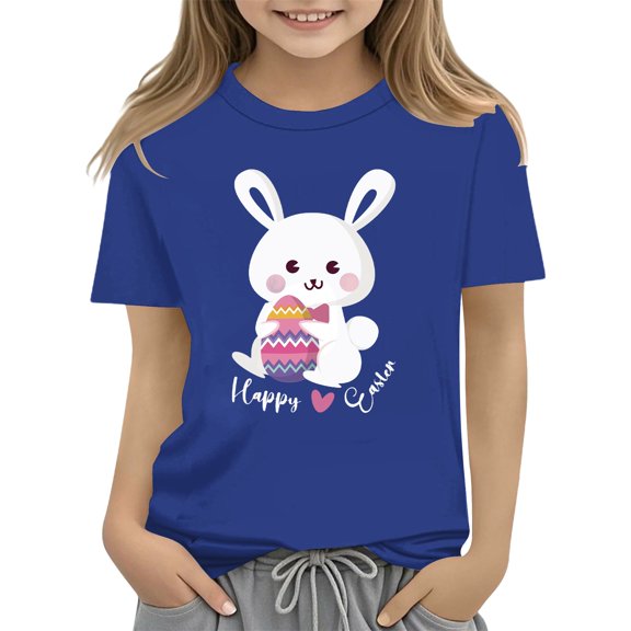 KAUOD Kids Easter Days T Shirt Bunny Holding Eggs Printed Tees Short Sleeve Cotton Shirts for Girls Crewneck Tops