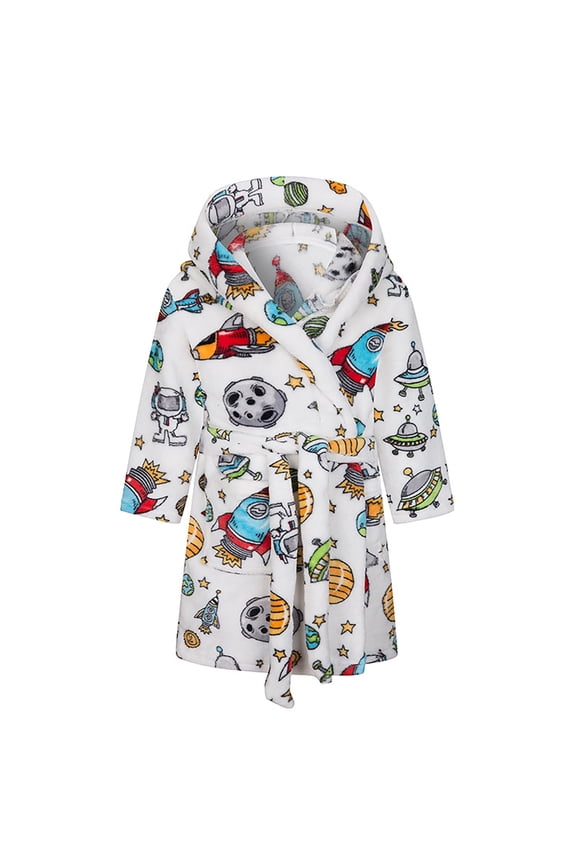 Kids Flannel Soft Robe Cartoon Cute Plush Hooded Robe with Waist Belt Pockets Boys Girls Knee Length Fuzzy Clothes