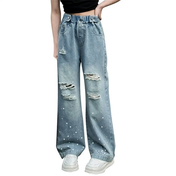KAUOD Kids Girls' Casual Wide Leg Pants Baggy Ripped Jeans Pants Cool Loose Fit Distressed Denim Straight Leg Pants
