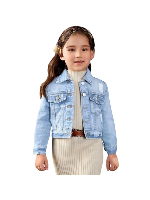 Kids Girls Cropped Ripped Denim Jacket Light Wash Slim Fit Button Down Jean Coat Toddler Trendy Distressed Trucker Outwear