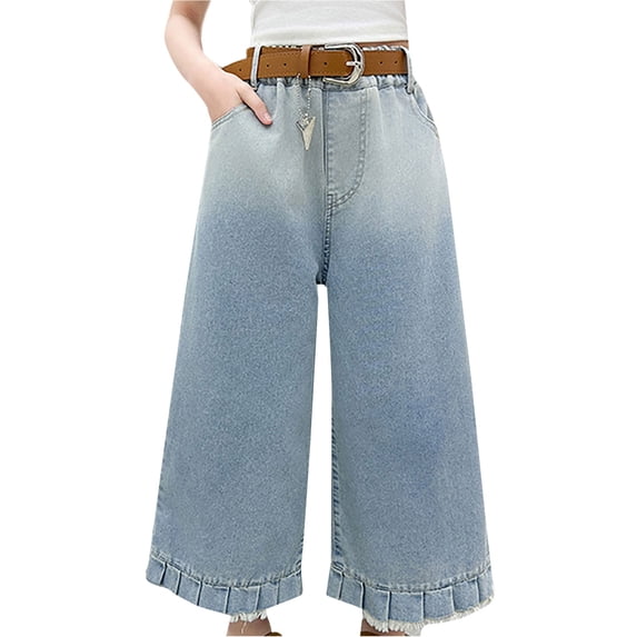 KAUOD Kids Girls Distressed Bottom Jeans Baggy Wide Leg Cropped Denim Pants Teen High Waist Washed Pull on Jeans Trousers