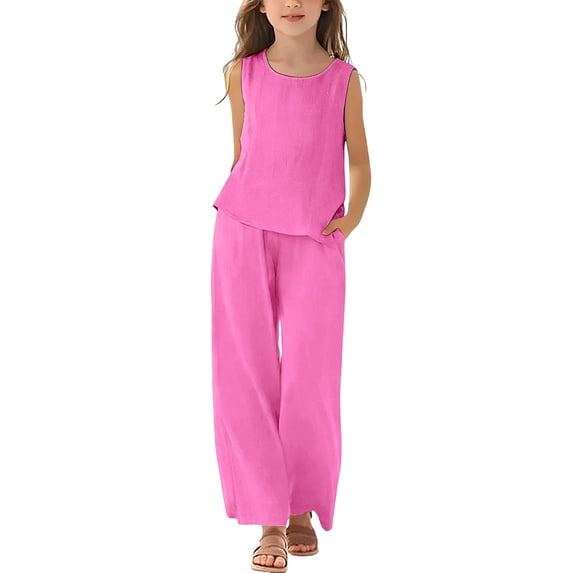 KAUOD Kids Girls Linen Outfits Sleeveless Crewneck Tank Tops Wide Leg Pants Set Summer Loose Casual Flowy Clothes