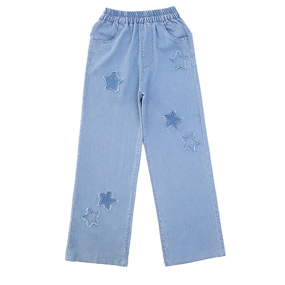 KAUOD Kids Girls Star Distressed Jeans Wide Leg Straight Pull on Denim Pants Washed Vintage High Waist Jeans Trousers