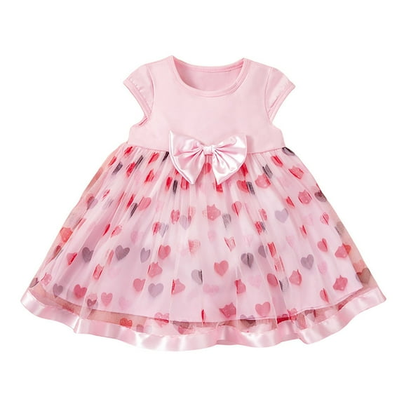 KAUOD Kids Girls Valentine's Day Dress Short Sleeve Mesh Bow Love Cute Top Spliced Patchwork Tutu Skirt Dresses