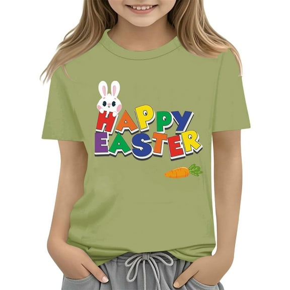 KAUOD Kids Happy Easter T Shirts Color Letters Printed Tees Short Sleeve Pullover Crewneck Shirts for Girls Easter Tops