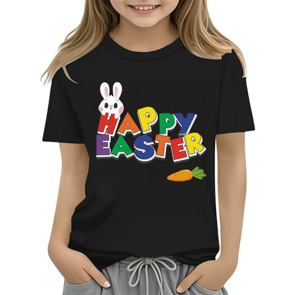 KAUOD Kids Happy Easter T Shirts Color Letters Printed Tees Short Sleeve Pullover Crewneck Shirts for Girls Easter Tops