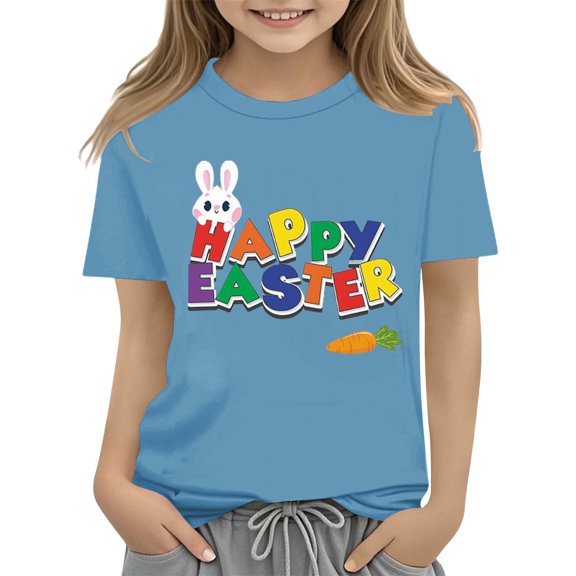 KAUOD Kids Happy Easter T Shirts Color Letters Printed Tees Short Sleeve Pullover Crewneck Shirts for Girls Easter Tops