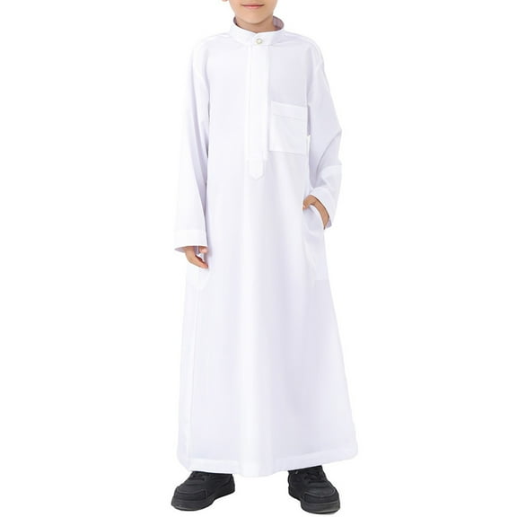 KAUOD Kids Muslim Thobe Plain Loose Oversized Pullover Abaya Robe Boys Girls Crew Neck Thobe Clothes with Pockets