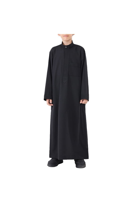 Kids Muslim Thobe Plain Loose Oversized Pullover Abaya Robe Boys Girls Crew Neck Thobe Clothes with Pockets
