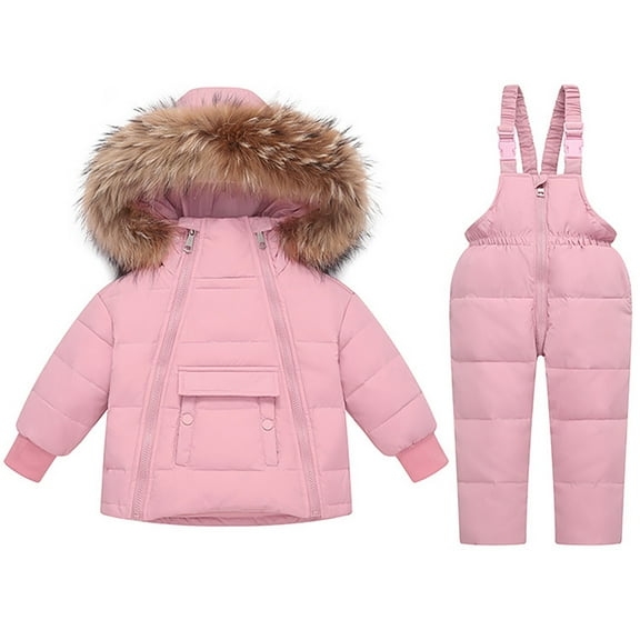 KAUOD Kids Puffer Snowsuits 2 Piece Front Pockets Ski Jackets Bib Pants Set Toddler Faux-F𝐮r Hood down Coats Snowpants Outfits