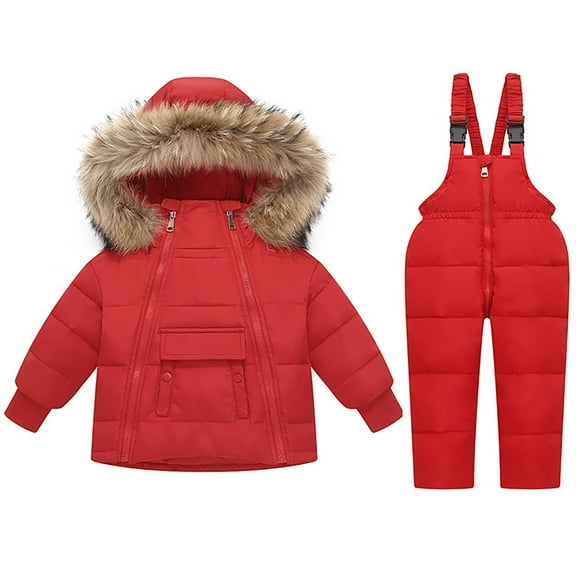 KAUOD Kids Puffer Snowsuits 2 Piece Front Pockets Ski Jackets Bib Pants Set Toddler Faux-F𝐮r Hood down Coats Snowpants Outfits