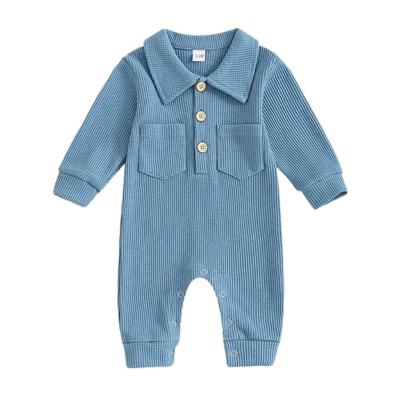 KAUOD Kids Toddler Crochet Jumpsuit Front Pockets Buttons Long Sleeve Romper Lapel Neck Clothes Baby Boys Casual Outfit