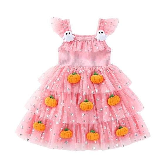 KAUOD Kids Toddler Halloween Outfit Flying Sleeve Pumpkin Tiered Tulle Dress Baby Girl Halloween Dress Sparkly Birthday Party Dress
