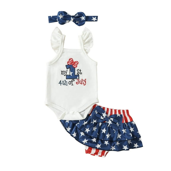 KAUOD My First 4th of July Baby Girls Outfits Bbay Independence Day Sleeveless Romper Shorts Headband 3pcs Clothes Set