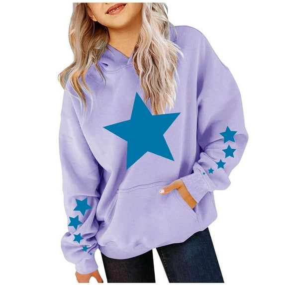 KAUOD Oversized Star Graphic Hoodies for Teen Girls Cute Cotton Fleece Pullover Hoodie with Pockets Kids Warm Sweatshirts