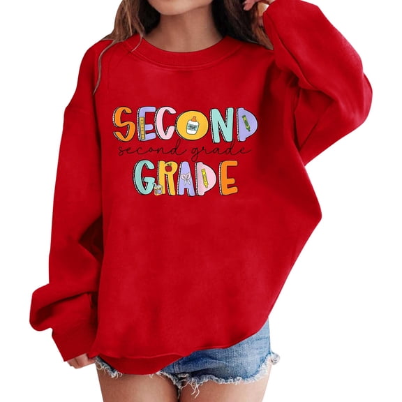 KAUOD Preppy Second Grade Pullover Sweatshirts Girls Boys First Day Back to School Long Sleeve Comfortable Top Clothes