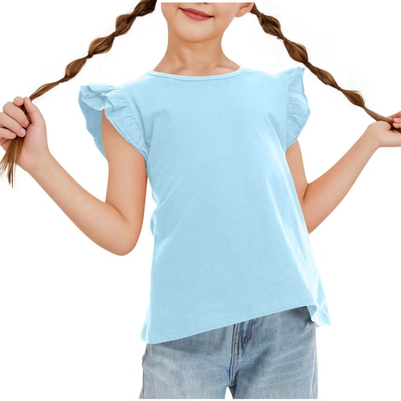 KAUOD Ruffle Sleeve Shirts for Girls Cute Solid Crew Neck Loose Tops Summer Casual Trendy Basic Tees Light Comfy T Shirt