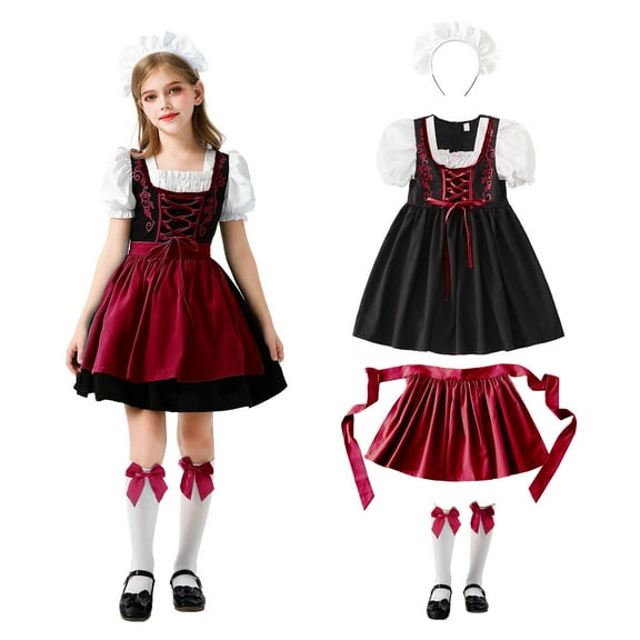 KAUOD Teen Girls 4pc Cute Dirndl Dress Outfits Oktoberfest Traditional Performance Midi Dresses with Hairband Skirts Socks
