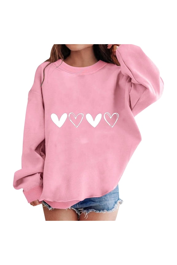 Teen Girls Cute Heart Sweatshirts Oversized Cotton Pullover Sweater Clothes Kids Preppy Casual Loose Crew Neck Tops