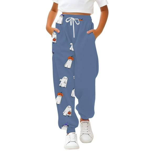 KAUOD Teen Girls Halloween Sweatpants Kids Pumpkin Ghost Straight High Waist Joggers Pants Fleece Warm Baggy Sport Pants