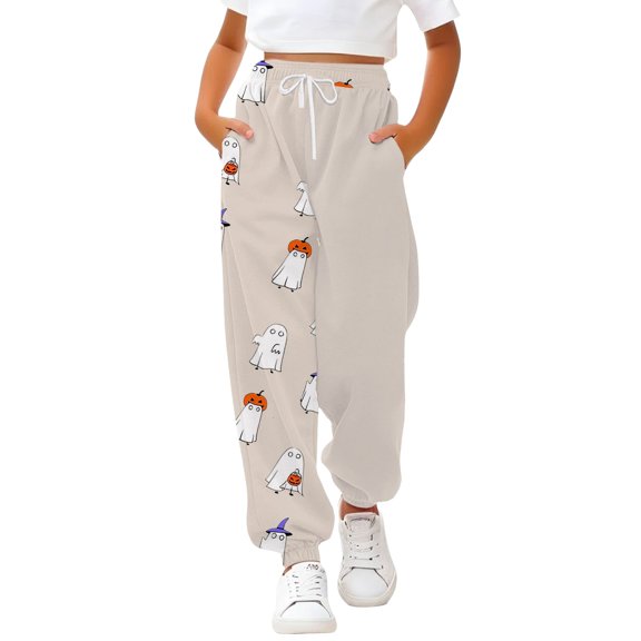 KAUOD Teen Girls Halloween Sweatpants Kids Pumpkin Ghost Straight High Waist Joggers Pants Fleece Warm Baggy Sport Pants
