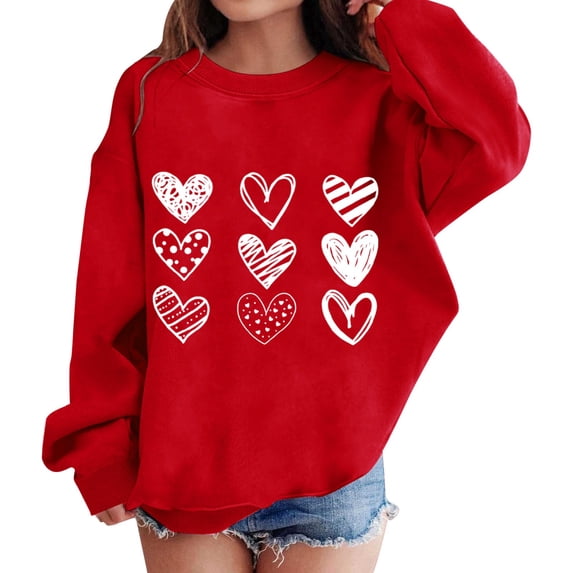 KAUOD Teen Girls Heart Print Sweatshirts Oversized Crew Neck Long Sleeve Cute Pullover Tops Clothes Kids Cotton Hoodies