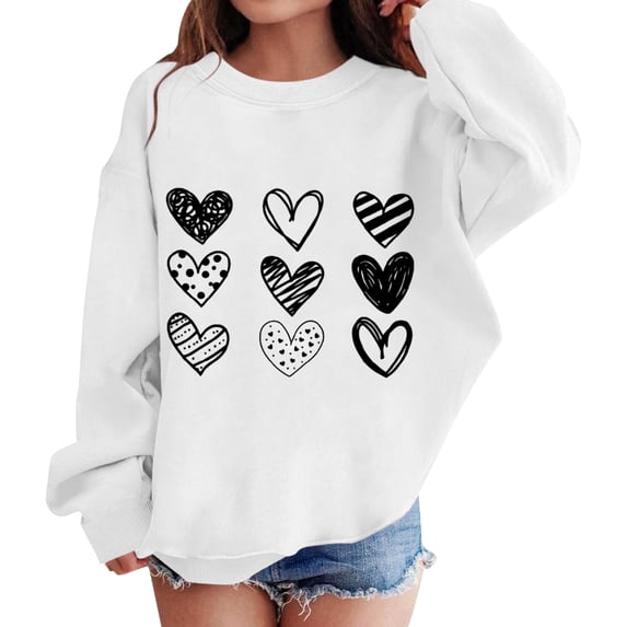 KAUOD Teen Girls Heart Print Sweatshirts Oversized Crew Neck Long Sleeve Cute Pullover Tops Clothes Kids Cotton Hoodies