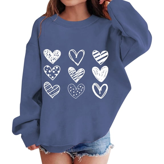 KAUOD Teen Girls Heart Print Sweatshirts Oversized Crew Neck Long Sleeve Cute Pullover Tops Clothes Kids Cotton Hoodies