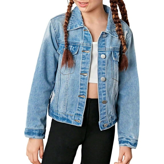 KAUOD Teen Girls Jeans Jackets Buttons Front Pockets Long Sleeve Denim Coats Kids Trendy Collar Retro Jeans Coats Clothes