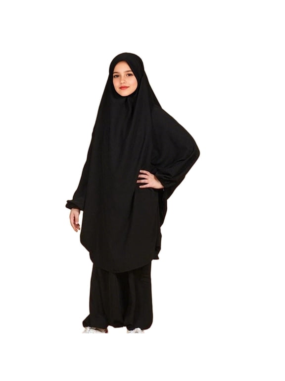 Teen Girls Muslim Long Dress with Hijab 2 Piece Eid Prayer Abaya Dresses Outfits Kids Plain Soft Traditional Clothes
