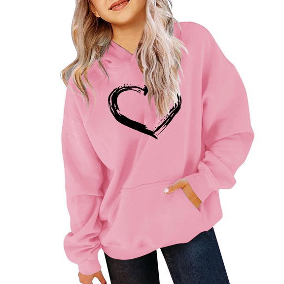 KAUOD Teen Girls Oversized Cotton Hoodies Cute Heart Print Pullover Hoodie Sweatshirts with Pockets Kids Soft Tops Clothes