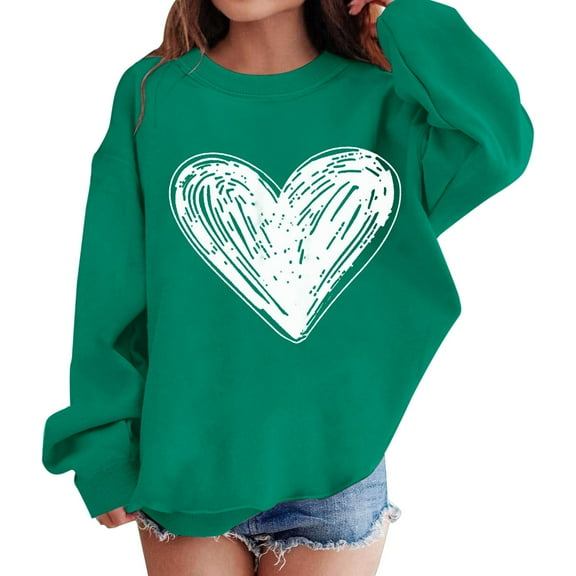 KAUOD Teen Girls Oversized Pullover Sweatshirts Cute Heart Graphic Crew Neck Sweatshirts Kids Cotton Loose Long Sleeve Sweater