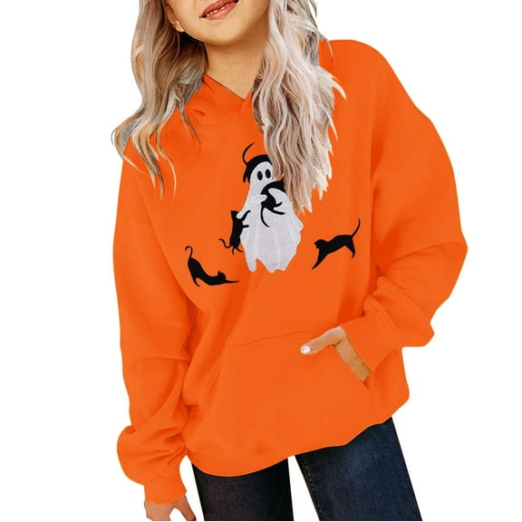 KAUOD Teen Girls Pullover Hoodies Ghost Graphic Oversized Cotton Hoodie Sweatshirts Youth Long Sleeve Fleece Tops Clothes
