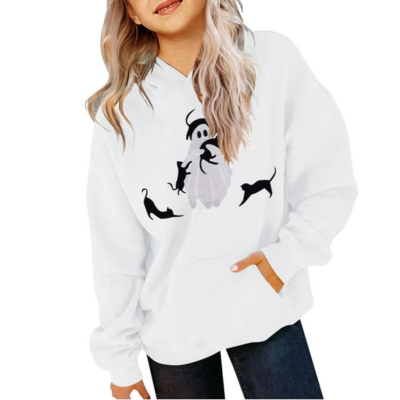 KAUOD Teen Girls Pullover Hoodies Ghost Graphic Oversized Cotton Hoodie Sweatshirts Youth Long Sleeve Fleece Tops Clothes