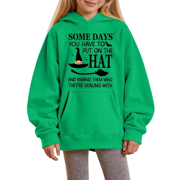 KAUOD Teen Girls Pullover Hoodies Halloween Letter Graphic Cotton Hoodie Sweatshirts Kids Oversized Pockets Long Sleeve Tops