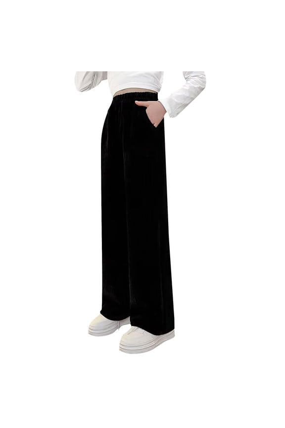 Teen Girls Ribbed Sweatpants Baggy Straight Wide Leg 𝗦weat Pants Kids Fleece Warm Winter Sport Trousers with Pockets