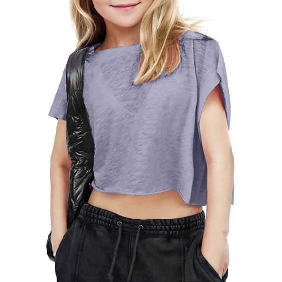 KAUOD Teen Girls Short Tops Backless Plain Short Sleeve Shirts Kids Loose Crew Neck Open Back T-Shirts Hollow Casual Tops