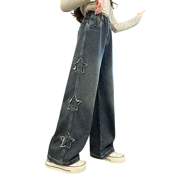KAUOD Teen Girls Star Distressed Jeans Baggy Straight Retro Denim Pants Kids High Waist Wide Leg Ripped Streetwear Jeans
