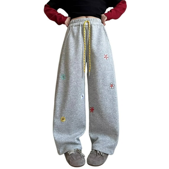 KAUOD Teen Girls Wide Leg Sweatpants Spring Flower Embroidery Baggy Cute Barrel Pants Fall Trendy Casual Joggers Pants