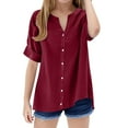 thumbnail image 1 of KAUOD Teen Youth Girls Buttons V Neck Tunic Front Open Solid Cotton Linen Beach Casual Summer Blouse Shirts Short Sleeve, 1 of 4