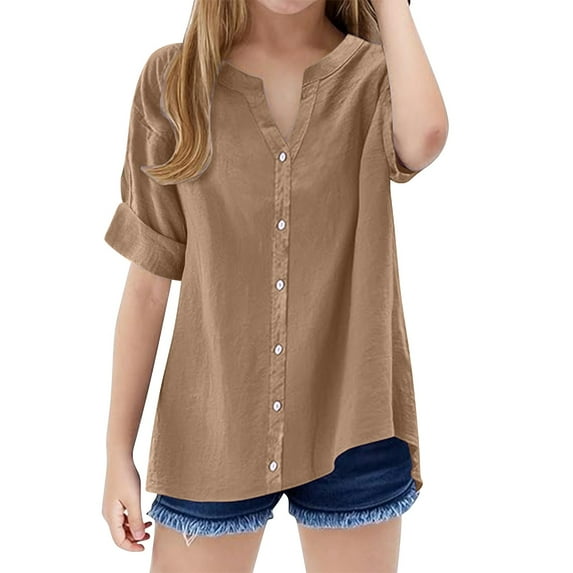 KAUOD Teen Youth Girls Buttons V Neck Tunic Front Open Solid Cotton Linen Beach Casual Summer Blouse Shirts Short Sleeve