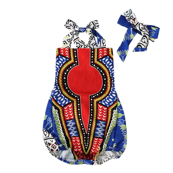KAUOD Toddler Baby Girls African Dashiki Romper Headband 2pc Set Sleeveless Traditional Style Toddler National Suit