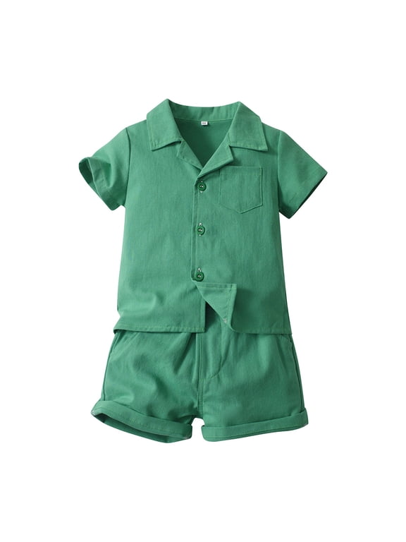 Toddler Boys Button Down Outfits Short Sleeve Lapel Collar Shirt Loose Shorts Set Summer Solid Casual Clothes