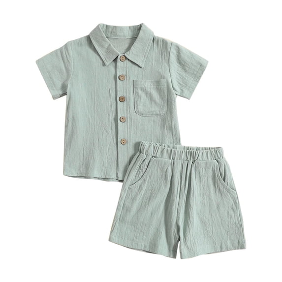 KAUOD Toddler Boys Cotton Linen Shirt Set 2pcs Short Sleeve Button Down Collared Shirts with Linen Shorts Baby Summer Casual Outfit