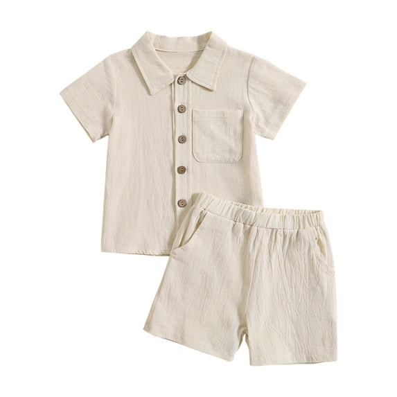 KAUOD Toddler Boys Cotton Linen Shirt Set 2pcs Short Sleeve Button Down Collared Shirts with Linen Shorts Baby Summer Casual Outfit