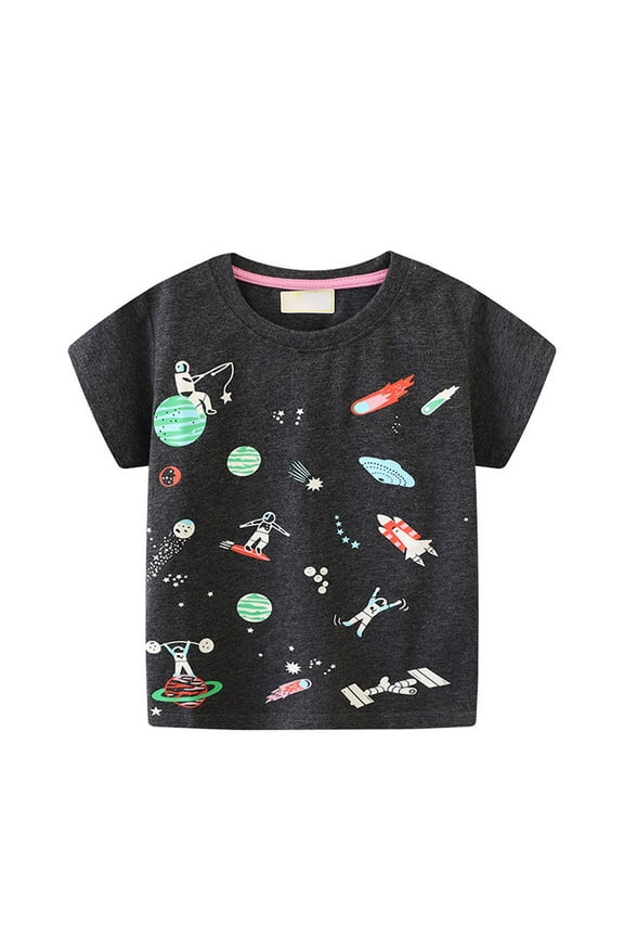 Toddler Boys T-Shirt Cotton Short Sleeve Graphic Top Astronaut Planet Spaceship Tee Kids Round Neck Summer Casual Tops