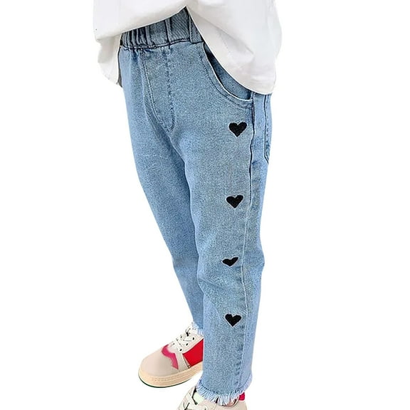 KAUOD Toddler Cotton Jeans Cute Heart Embroidery Straight Denim Pants Kids Girls Retro Casual Fall School Jeans with Pockets
