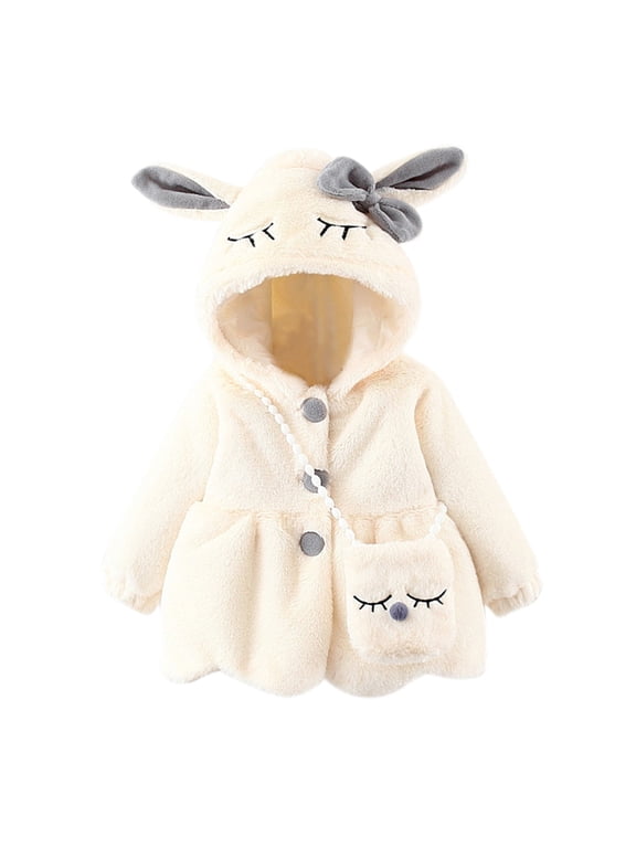 Toddler Fleece Coats with Bag Baby Girls Plain Fuzzy Hooded Outwear Clothes Cute Bunny Ear Oversized Buttons Jackets